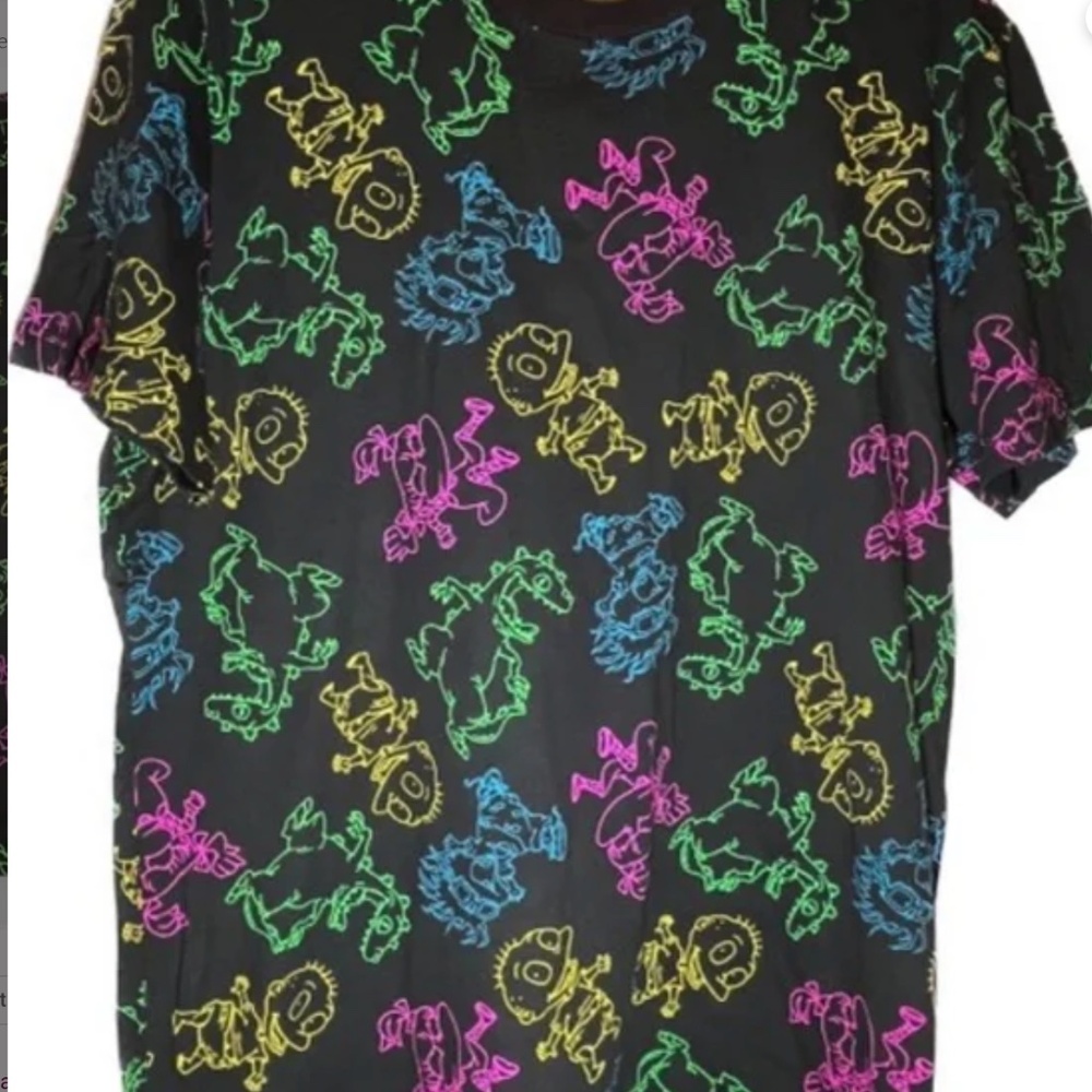 Rugrats Shirt Mens Large Black Neon‎ All Over Print Nickelodeon Cartoon Tee - Picture 7 of 11